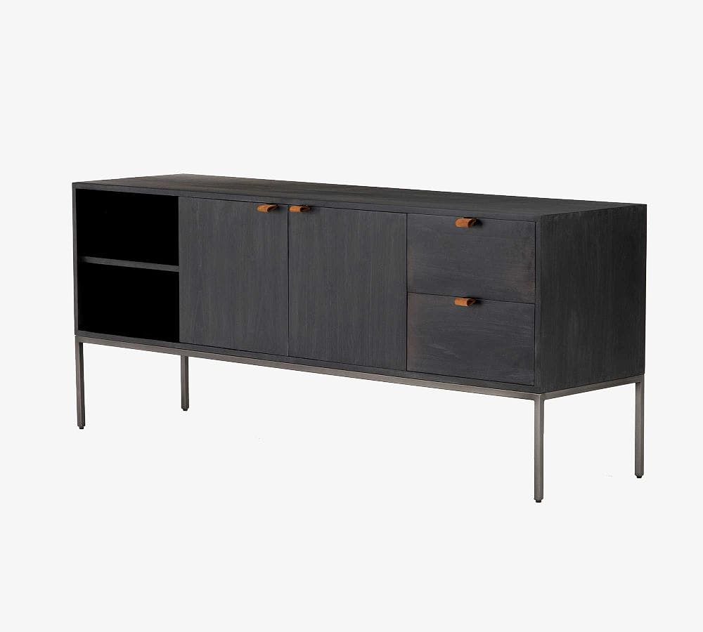 Contemporary Black Wash Poplar Media Console with Leather Pulls