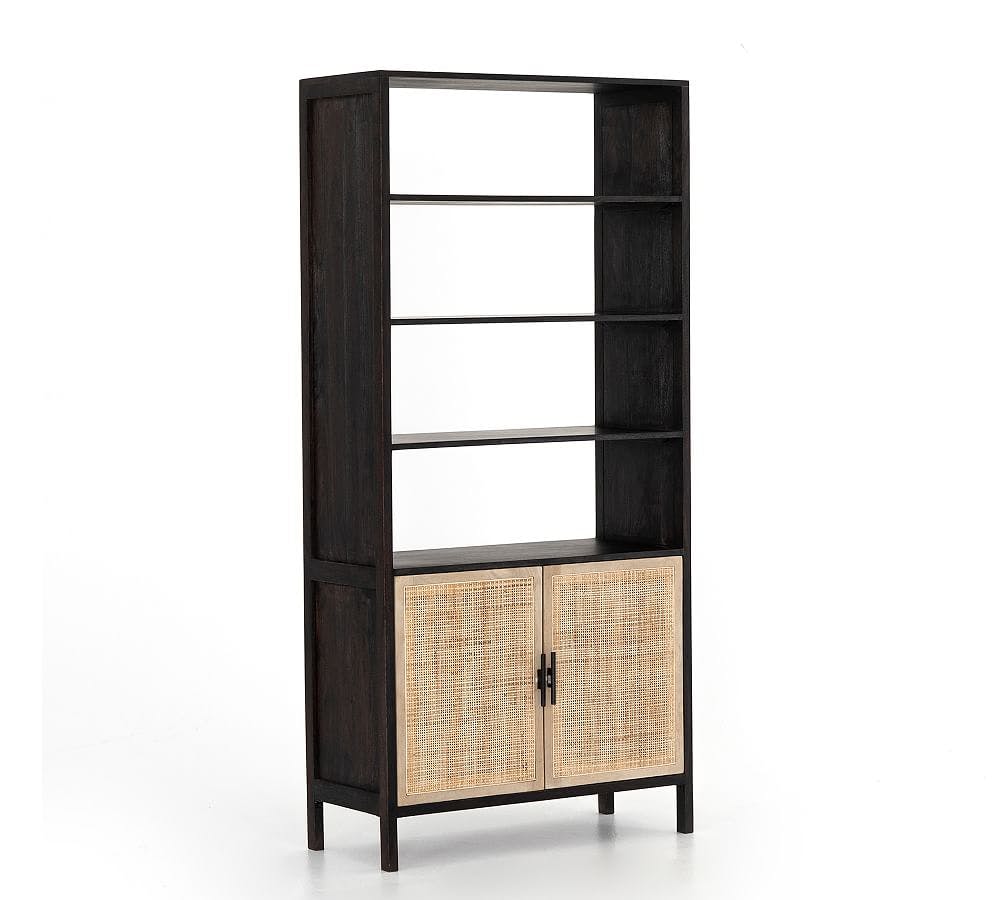 Contemporary Black Wood Bookcase with Cane Doors and Iron Frame