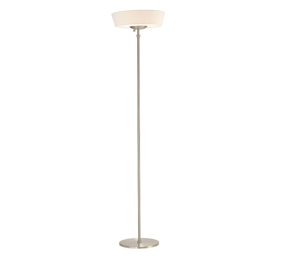 Harper Slim Satin Steel Torchiere Floor Lamp with White Linen Shade