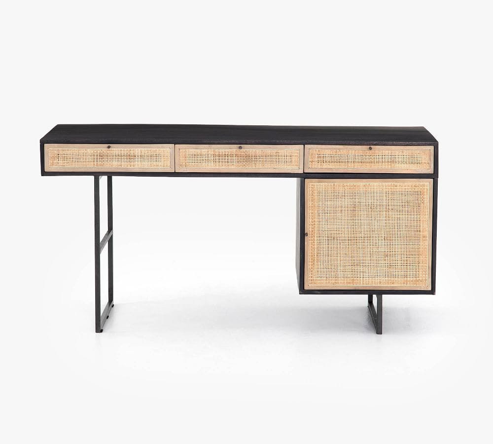 Dolores 60" Cane Desk with Drawers, Black