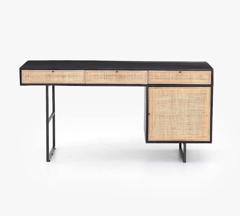 Dolores 60" Cane Desk with Drawers, Black