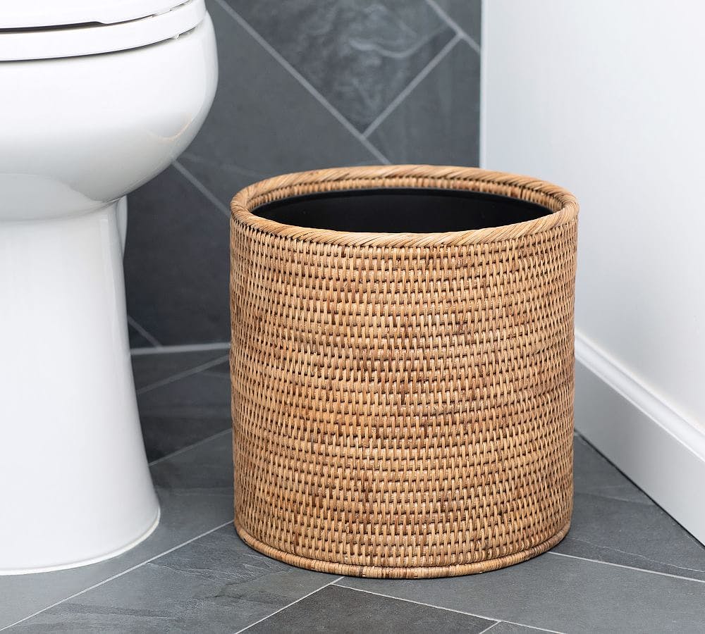 Tava Handwoven Rattan Round Tapered Waste Basket With Metal Liner