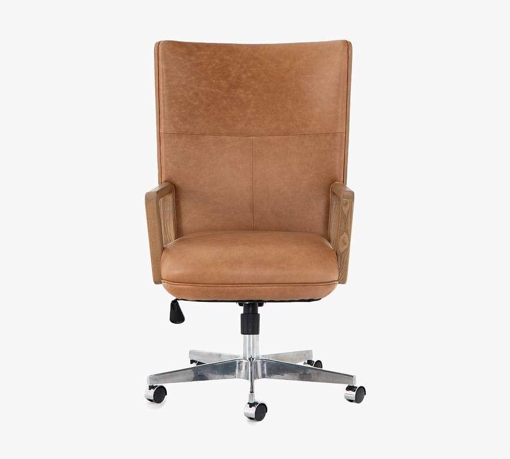 Contemporary High-Back Brown Leather Task Chair with Ash Accents