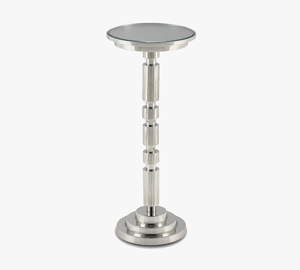 Elegant Round Glass Pedestal Side Table in Shiny Nickel Finish