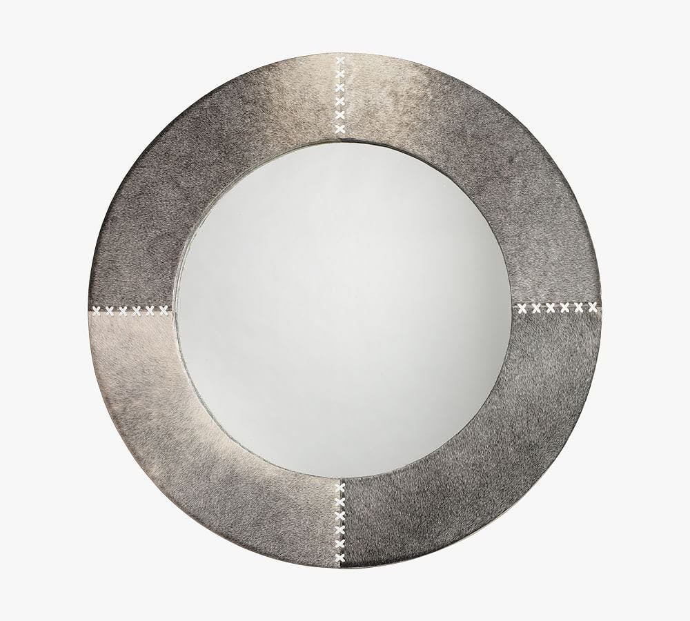 Aaden 25.5" Gray Hide and White Leather Round Wall Mirror