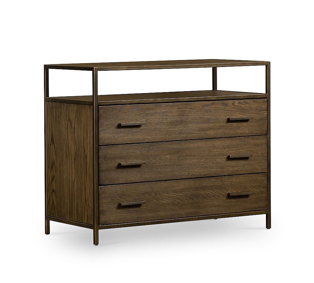 Hazel Oak and Rubbed Bronze 3-Drawer Dresser with Shelving