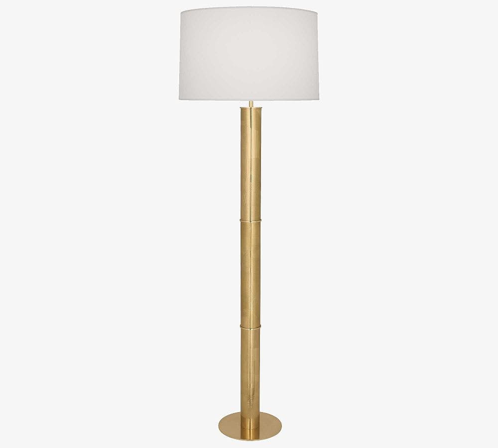 Sleek Modern Brass Metal Floor Lamp with White Fabric Shade