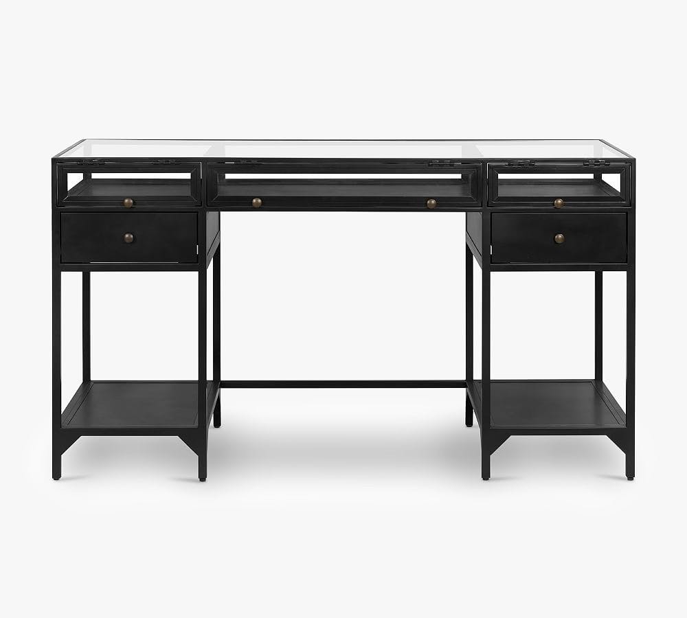 Harmon 55'' Black Glass Writing Desk with Drawer and Filing Cabinet