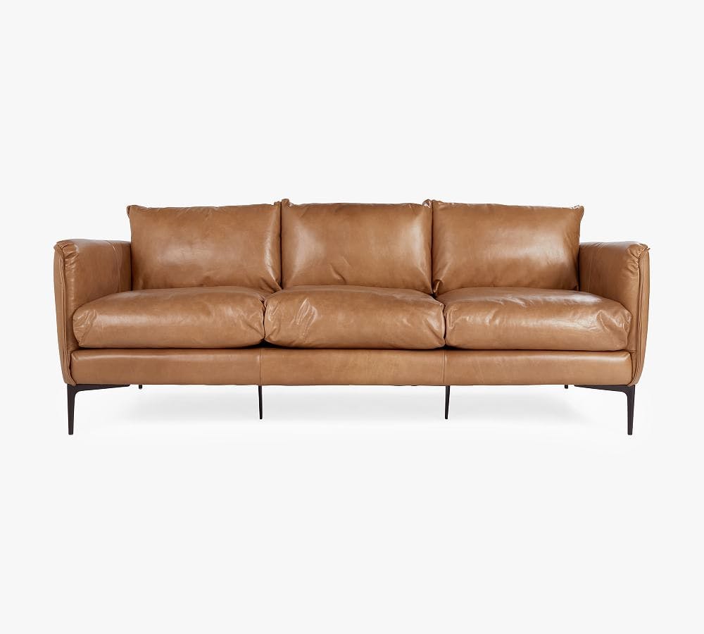 Waldorf Tan Top-Grain Leather Stationary Sofa with Tapered Wood Legs