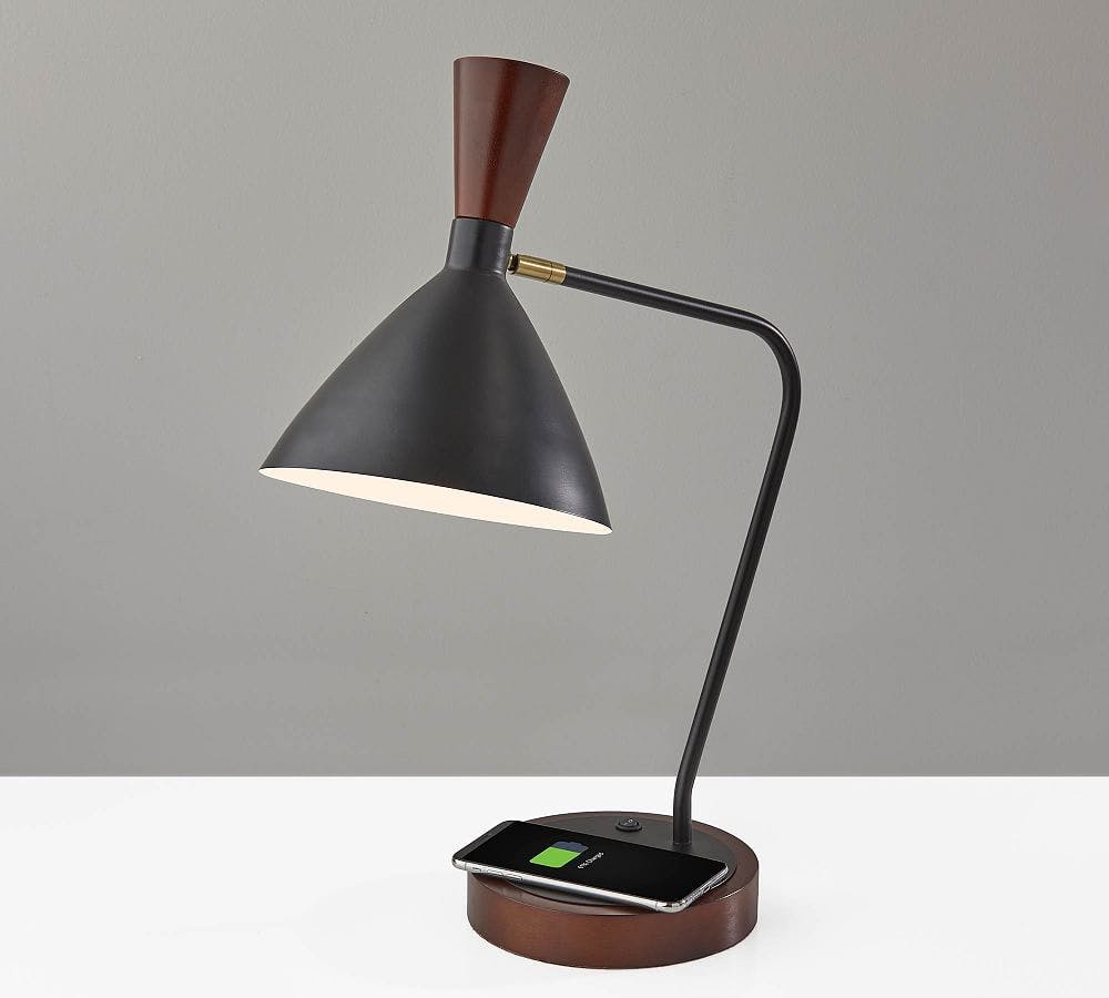Ravenna Adjustable Black and Walnut Desk Lamp with USB and Qi Charger