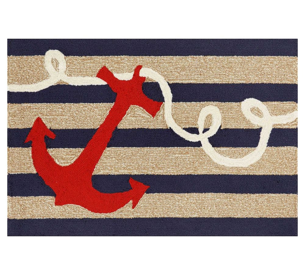 Nautical Anchor Striped 30"x48" Indoor/Outdoor Hand-Tufted Rug
