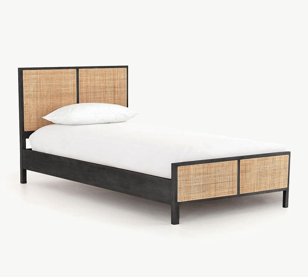 Twin Black-Brown Mango Wood & Cane Panel Bed with Slats