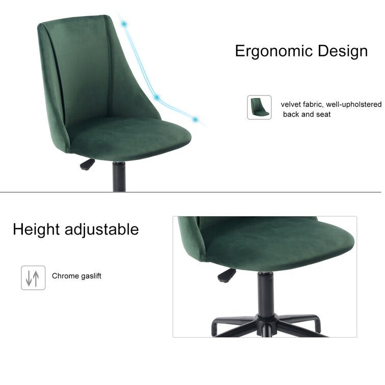 Rochelle Green Velvet Height-Adjustable Task Chair with Wheels