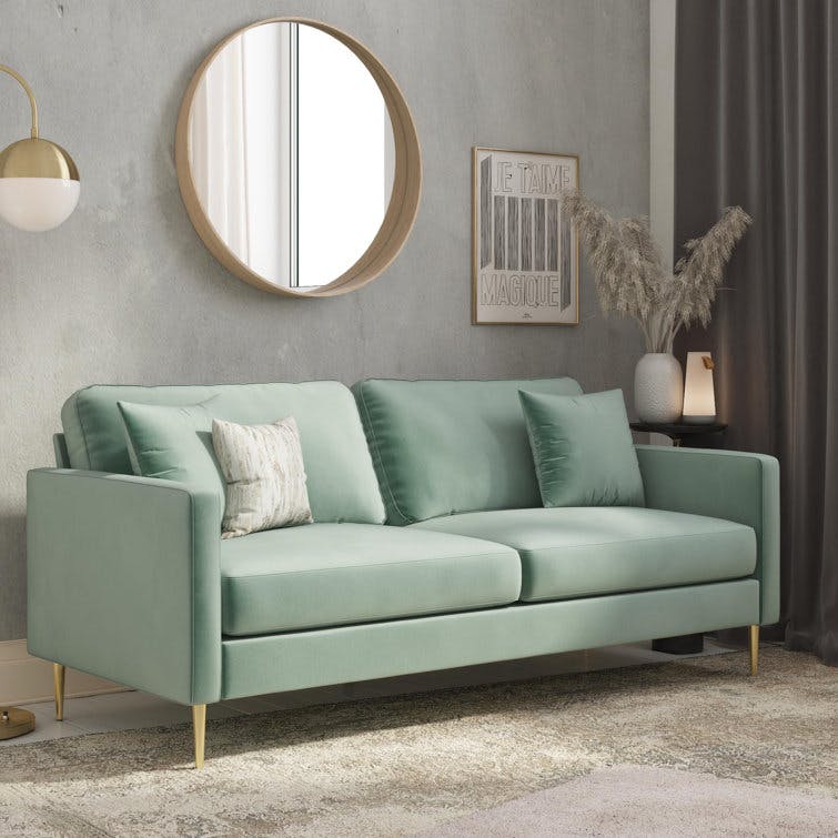 CosmoLiving Highland 66.9" Green Velvet Sofa with Tufted Back and Wood Accents