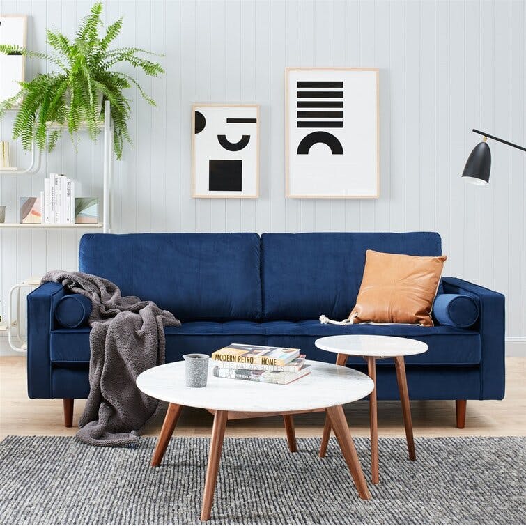 Geo 84" Sapphire Blue Velvet Upholstered Sofa