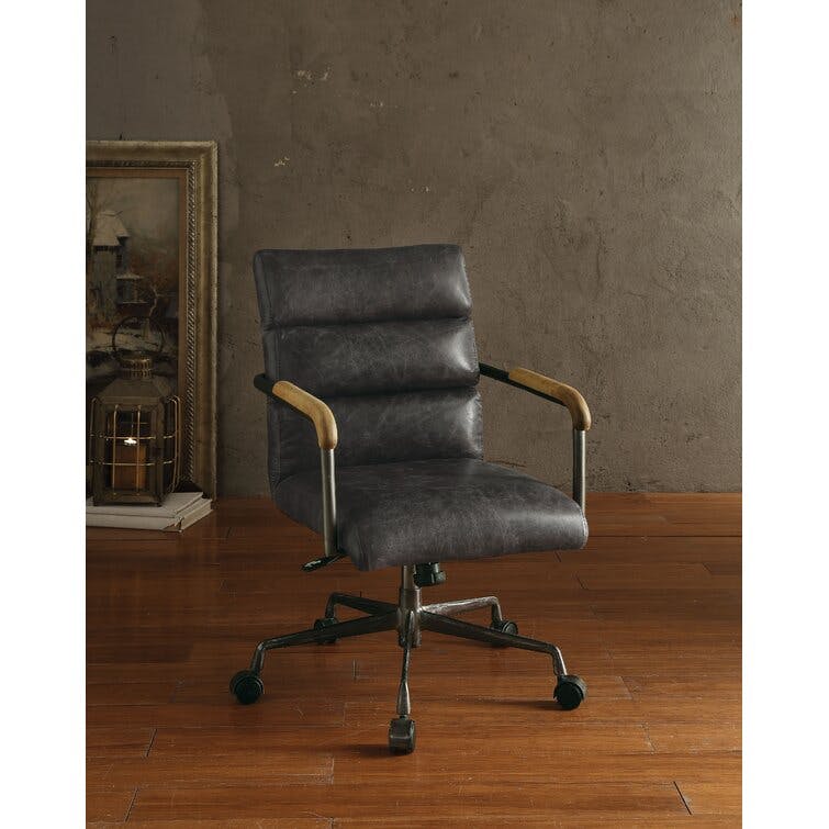 Antique Slate Executive Swivel Chair in Top Grain Leather and Wood