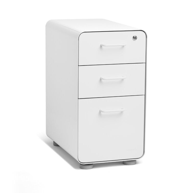 Poppin Slim Stow 3-Drawer Metal Filing Cabinets for Home Office, Powder-Coated Steel File Cabinet Organizer for Hanging File Folders, Under Desk Storage Box with Drawers and Lock, White