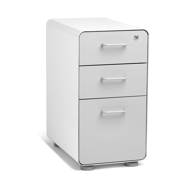 Poppin Slim Stow 3-Drawer Metal Filing Cabinets for Home Office, Powder-Coated Steel File Cabinet Organizer for Hanging File Folders, Under Desk Storage Box with Drawers and Lock, White and Light Gray