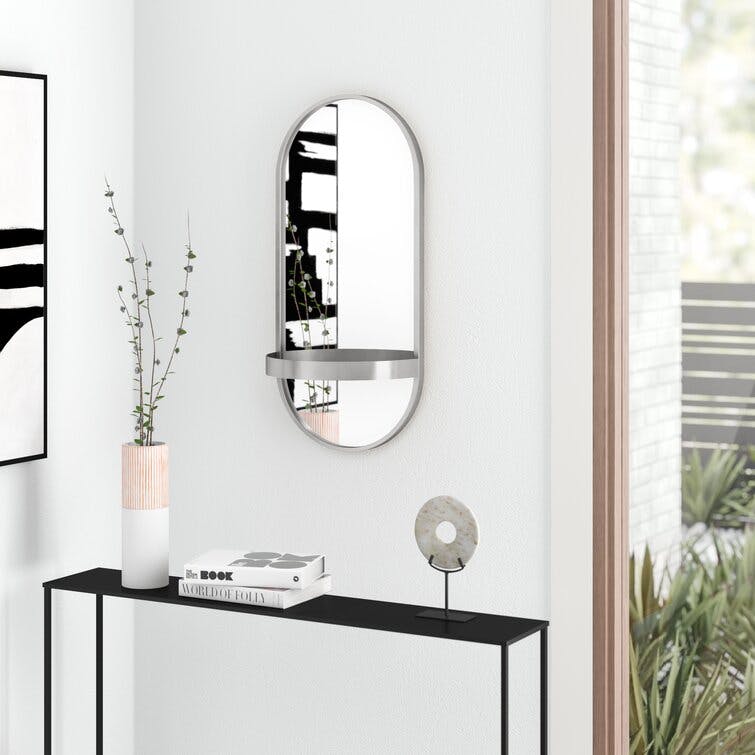 Lumi 11"x24" Silver Oval Metal Wall Mirror with Shelves