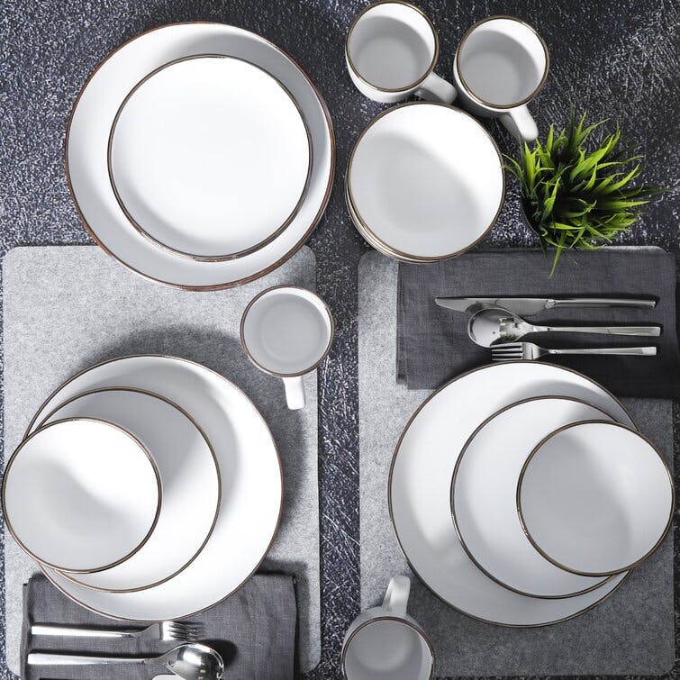 Rockaway 16-Piece White Stoneware Dinnerware Set with Metallic Rim