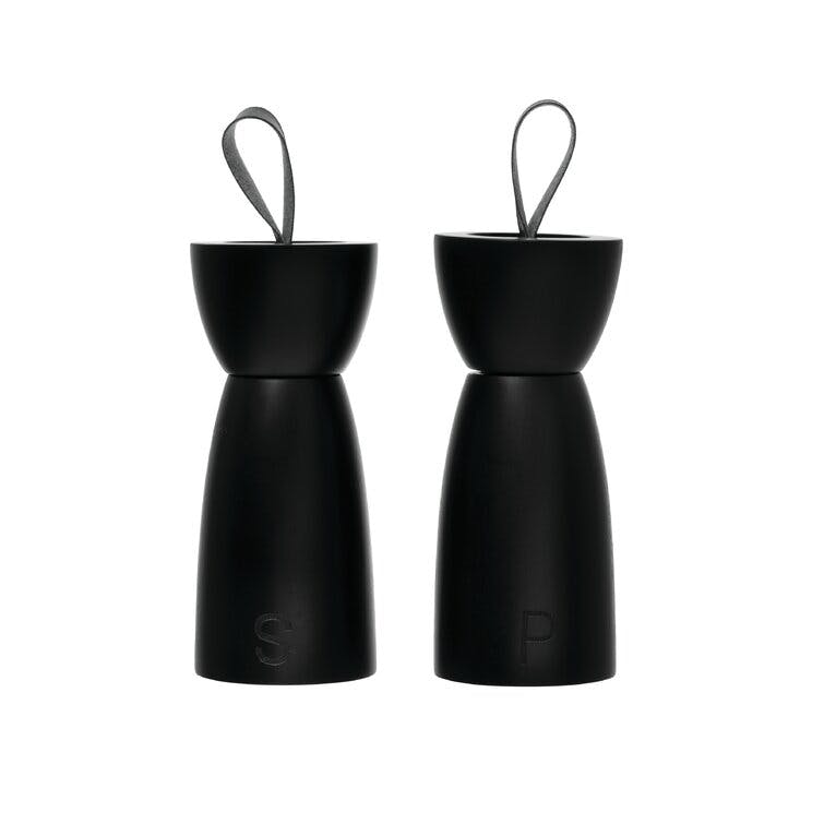 Black Rubber Wood Salt & Pepper Mill with Leather Handle Set