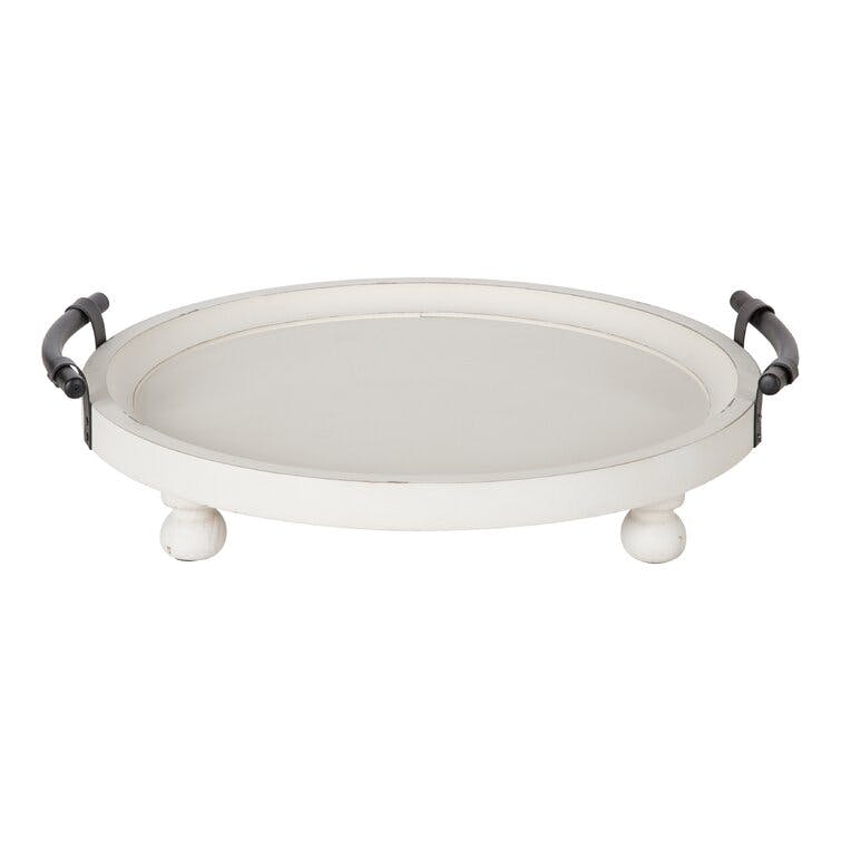 Bruillet 15" Rustic White Round Wooden Footed Tray