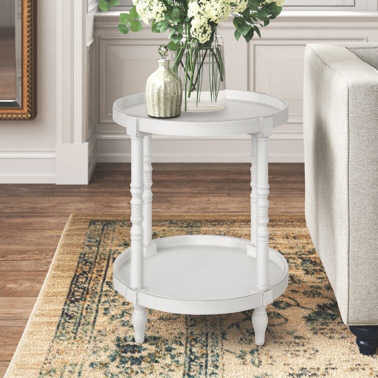 Lucinda 24" White Round Wood Side Table with Shelf