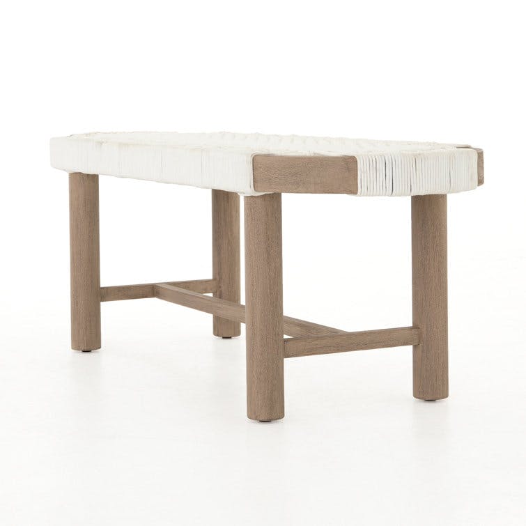 Arina White Woven Rope and Teak Outdoor Dining Bench