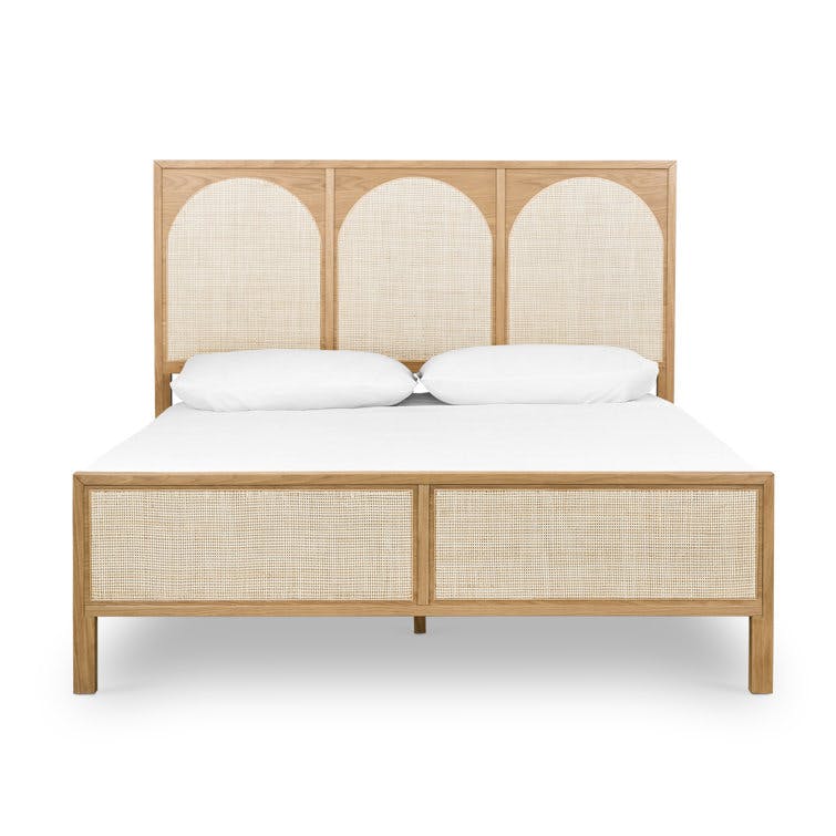 Mahalia Queen Light Brown Oak and Natural Woven Cane Bed