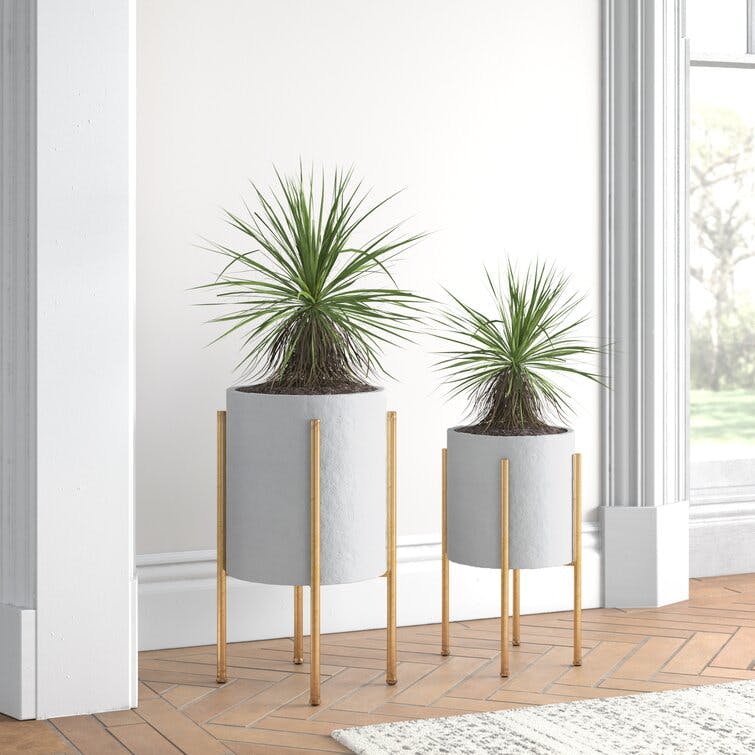 Mid-Century Gray Stucco Indoor/Outdoor Planter Set on Gold Stand