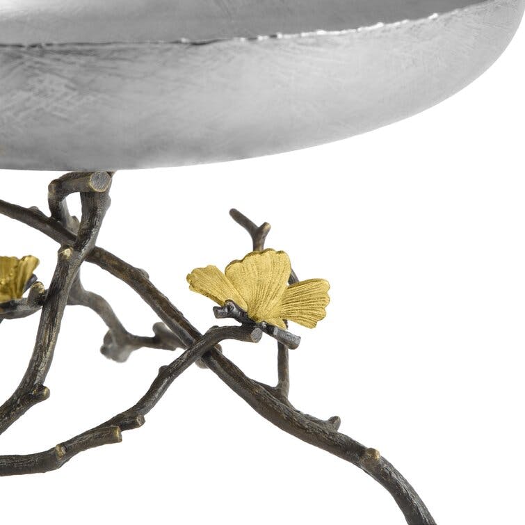 Butterfly Ginkgo Handcrafted Bronze Fruit Bowl with Pedestal Base
