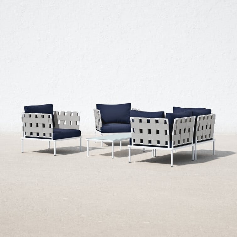 Harmony 5-Person White Navy Aluminum Outdoor Seating Group with Sunbrella Cushions
