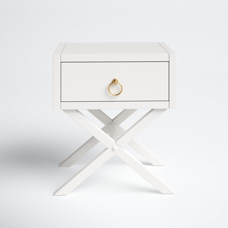 Elin Fresh White and Gold Metallic 1-Drawer Nightstand with X-Design Legs