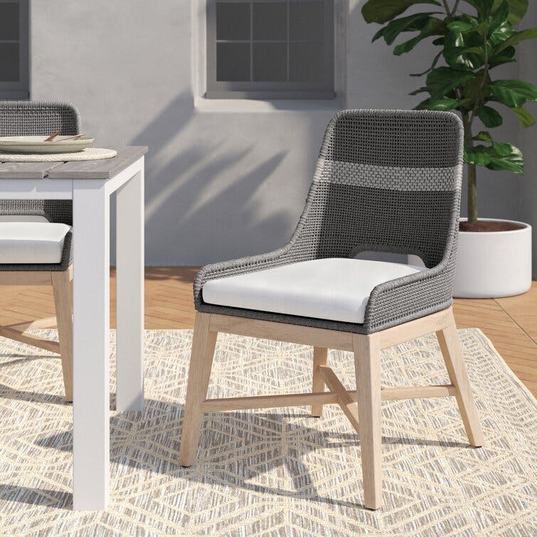 Theodore Coastal Grey Woven Rope Teak Outdoor Dining Chair Set of 2