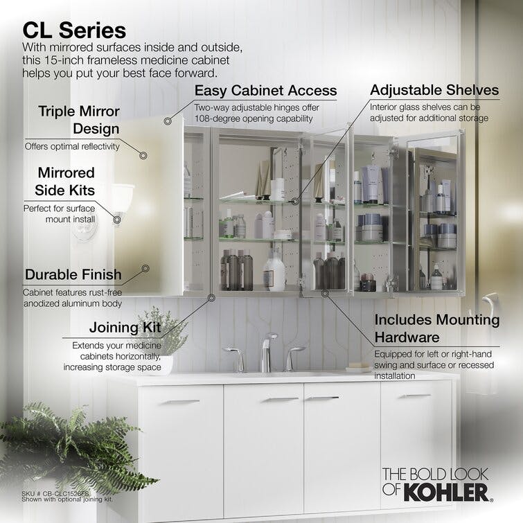 CLC Recessed or Surface Mount Frameless Aluminum Medicine Cabinet Adjustable Shelves