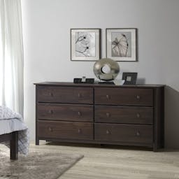 Shaker 6 Drawer 63.8" W Solid Wood Double Dresser