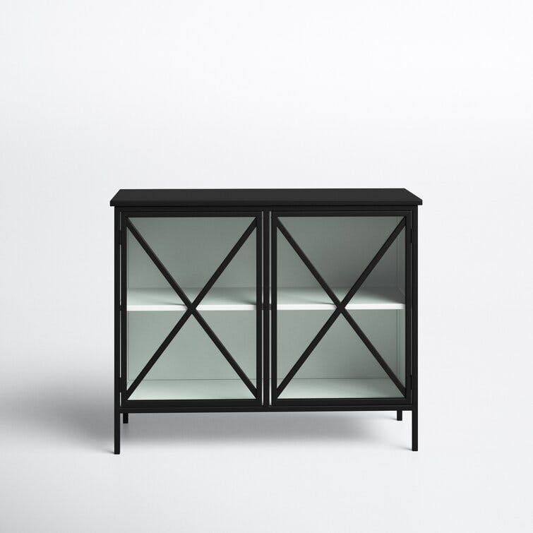 Aurelia Black Metal 2-Door Glass Accent Cabinet with White Interior