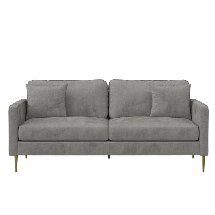 Highland 72" Gray Velvet Upholstered Sofa with Pillows