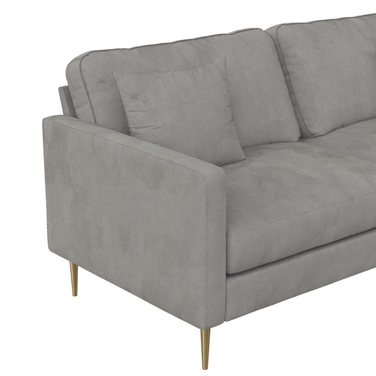Chic Gray Velvet Sofa with Gold Metal Legs and Accent Pillows