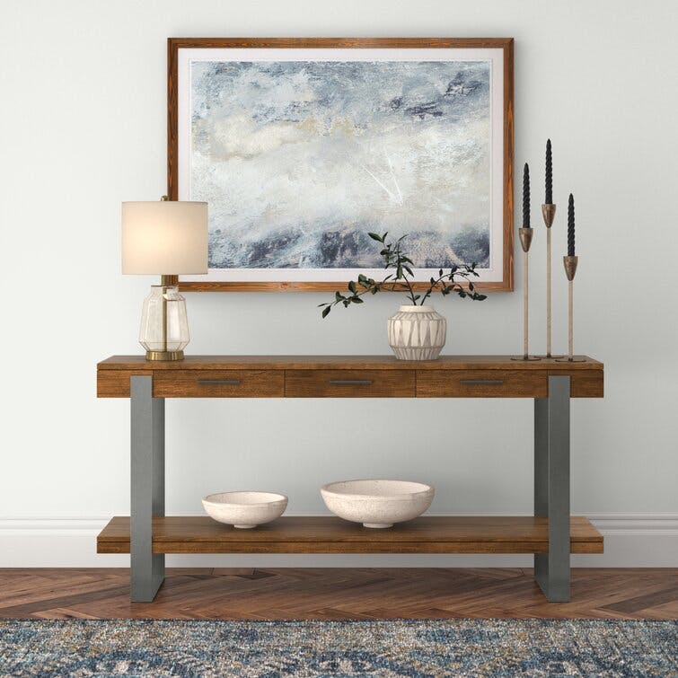 Ashley Transitional 68'' Brown Wood and Iron Console Table with Mirrored Storage