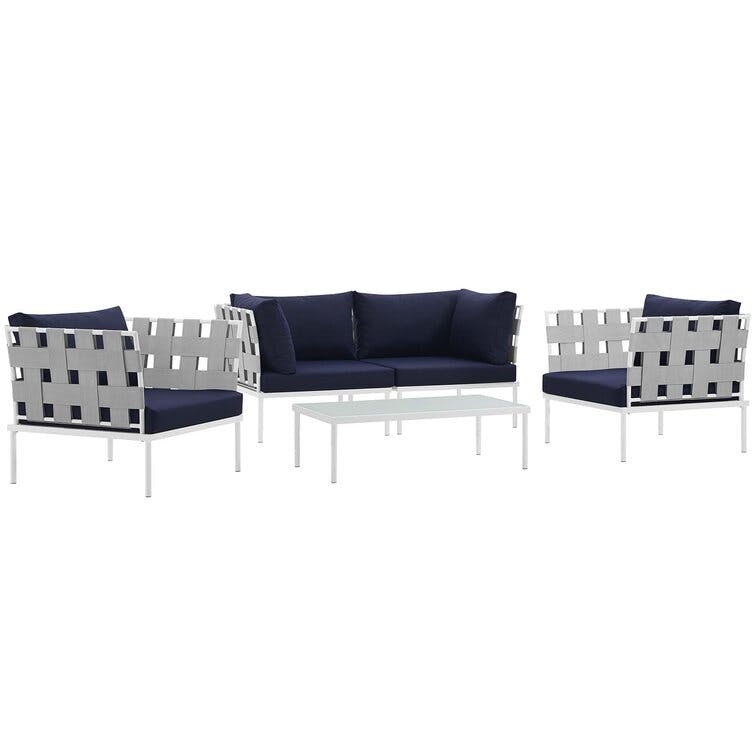 Harmony 5-Person White Navy Aluminum Outdoor Seating Group with Sunbrella Cushions