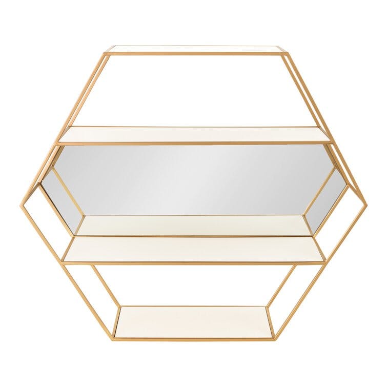 Dyron 28"x24" White/Gold Hexagon Mirror with Shelves