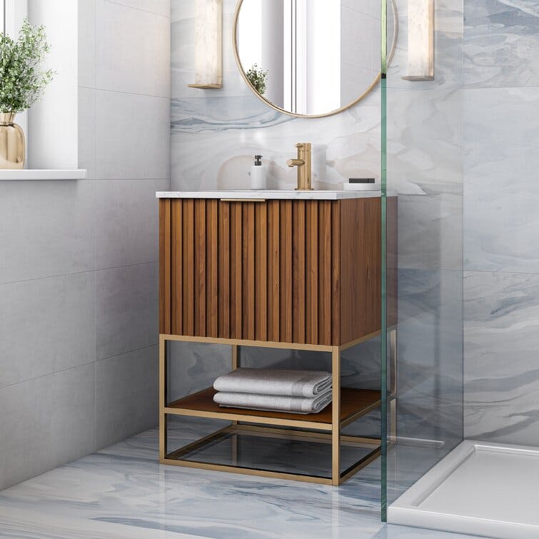 Terra 24" Walnut Satin Brass White Granite Single Bathroom Vanity