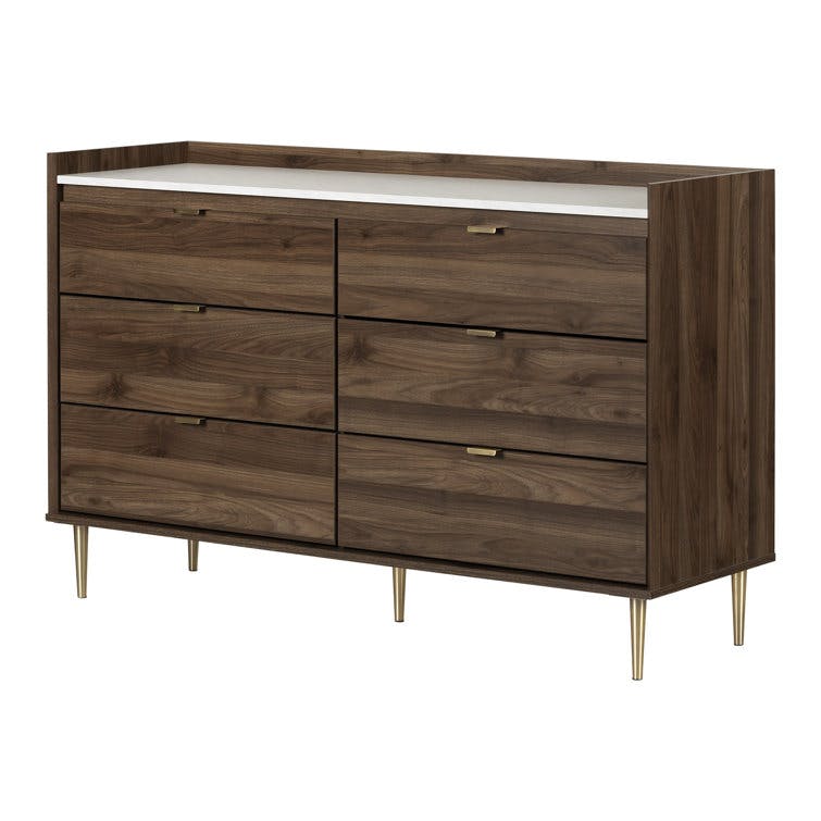 Elegant 6-Drawer Double Dresser in Natural Walnut with Brass Accents