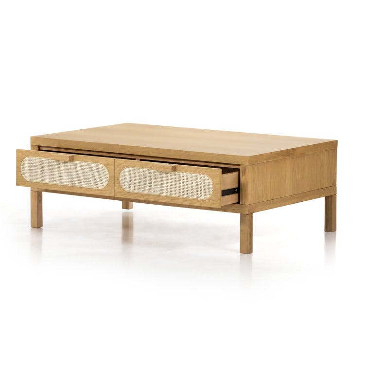 Marcy 46" Light Brown Oak and Natural Woven Cane Coffee Table