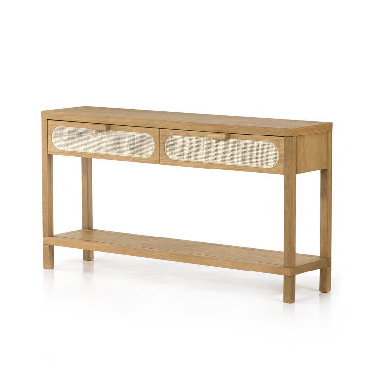Marcy 60" Light Brown Oak and Natural Woven Cane Console Table