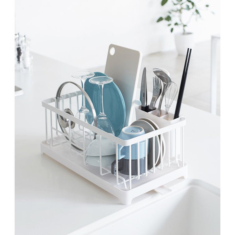 Yamazaki Home Wire Dish Drainer Rack with Removable Drainer Tray with Spout, Utensils Holder, Steel
