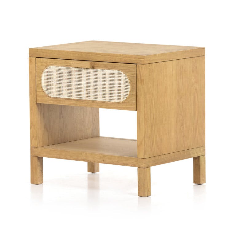 Allie 25" Light Brown Oak and Natural Woven Cane Side Table