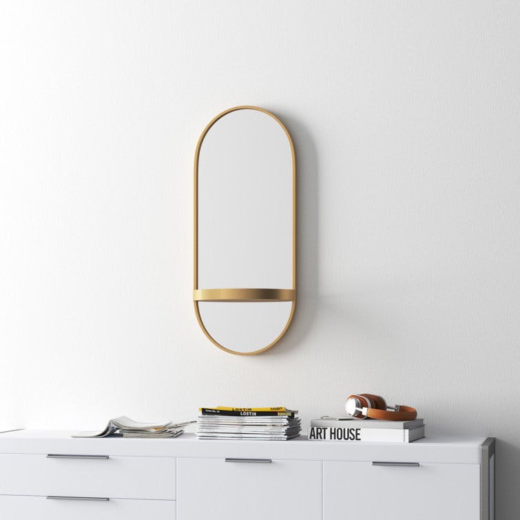 Estero Glam Gold Metal Capsule Wall Mirror with Shelf, 16x38