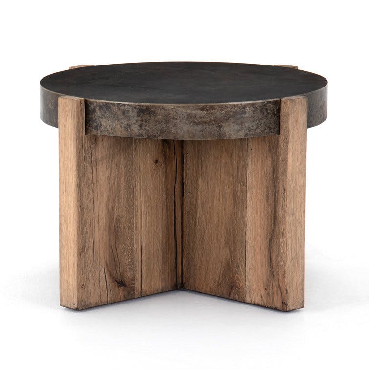 Irminie Rustic Oak Wood and Black Iron Round Side Table